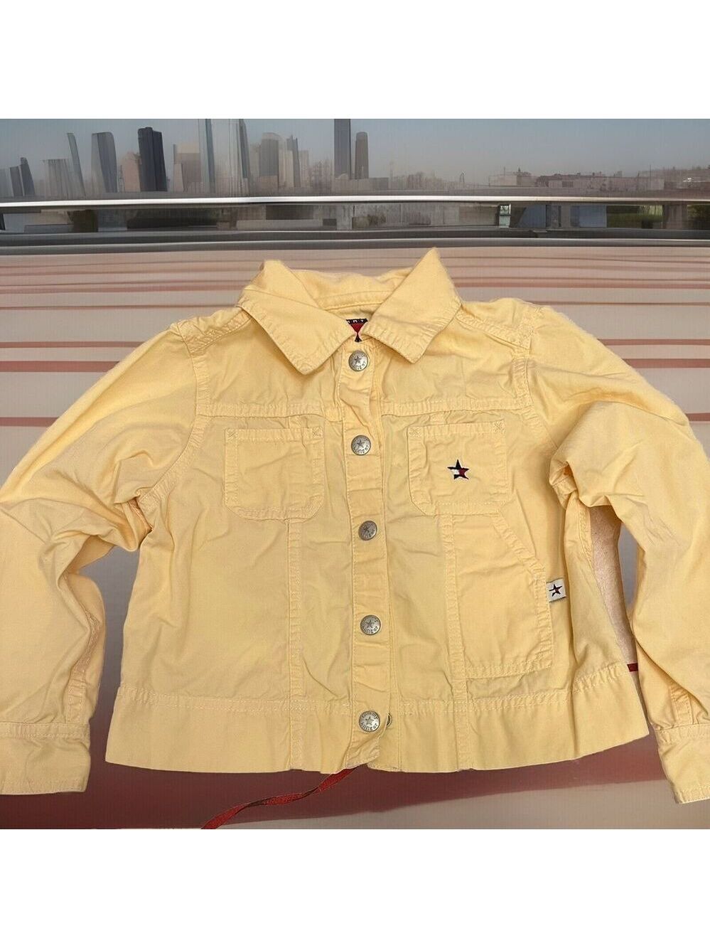 VINTAGE Tommy Hilfiger Button Jacket Pale Yellow Star Banner Logo Youth Size 5/6